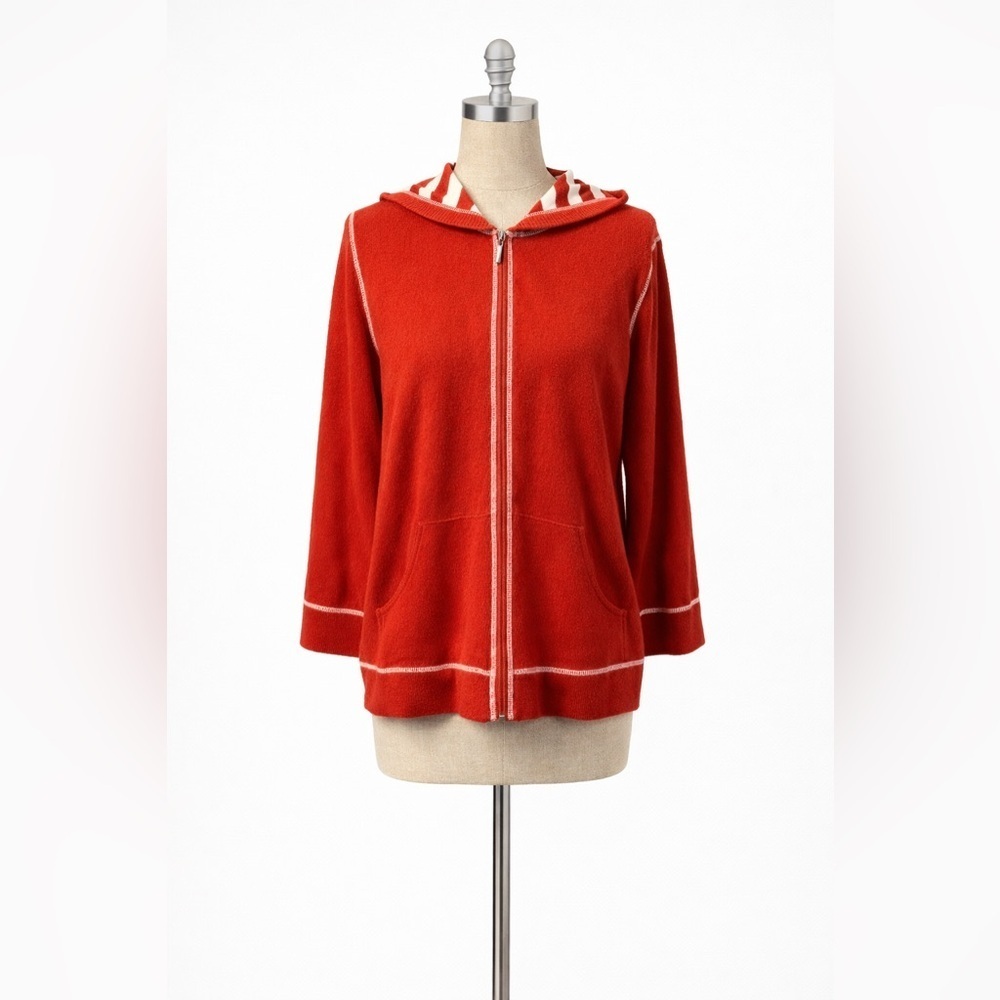 NWT Saks Fifth Avenue SPORT Red Zip-Up Hoodie with Striped Hood, Size 1X
